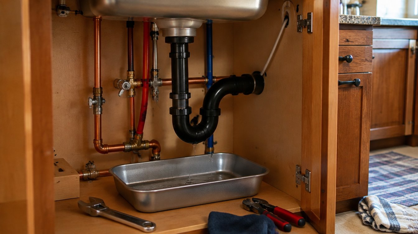 Illustrative under-sink plumbing repair imagery (AI-generated filler, not a Boise Plumbing job photo)